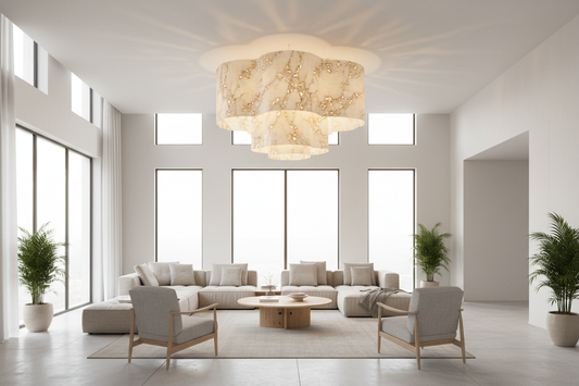 Modern living room with elegant travertine ceiling lights creating a warm, sophisticated home decor atmosphere