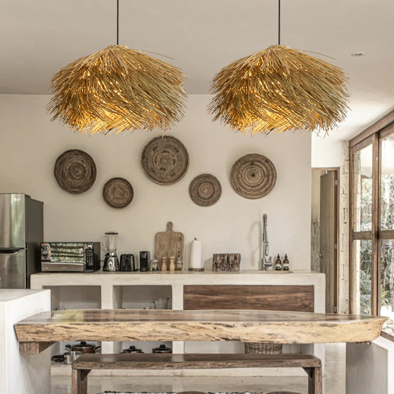 Japanese Wabi-Sabi Rattan Living Room Chandelier Retro Straw Lamp