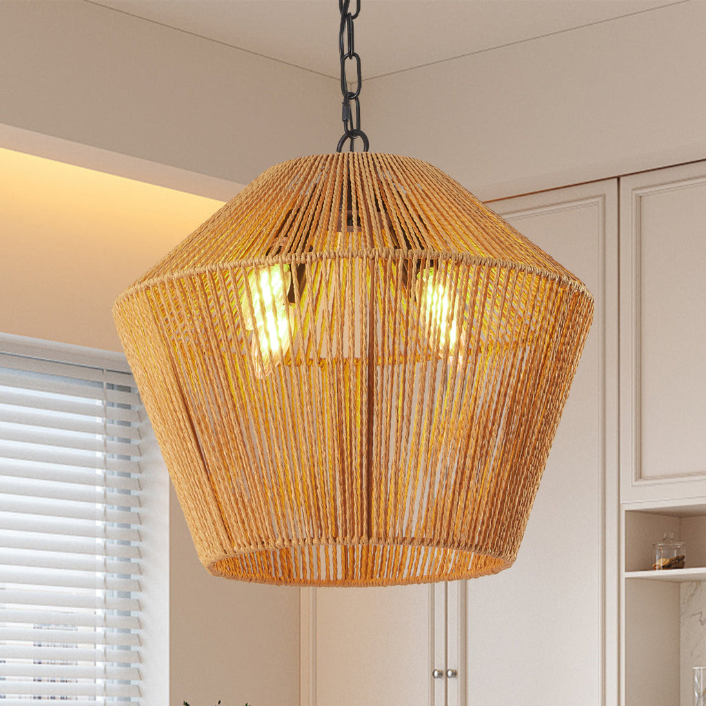 17" Handwoven Hemp Rope Pendant Light - Boho Farmhouse