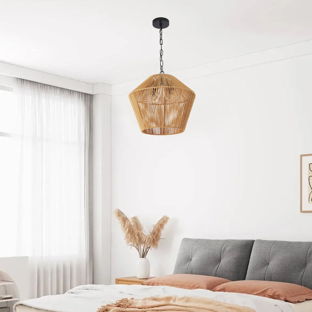 17" Handwoven Hemp Rope Pendant Light - Boho Farmhouse