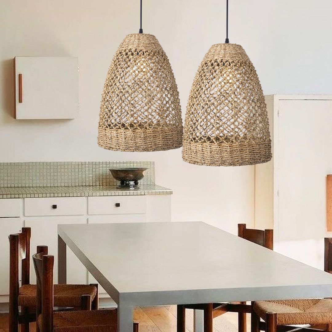 Farmhouse Coastal Boho Hanging Lamp with Handwoven Rattan Woven Pendant Light