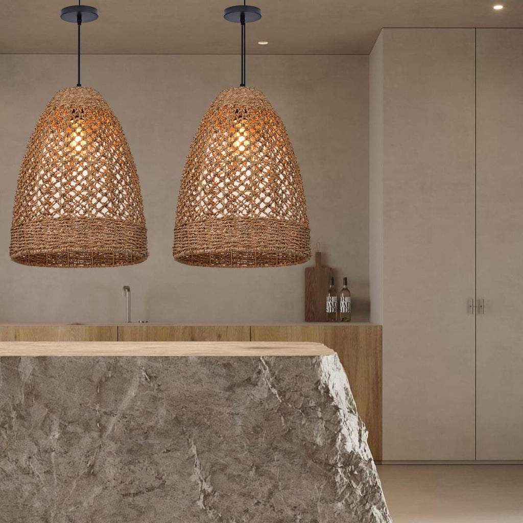Farmhouse Coastal Boho Hanging Lamp with Handwoven Rattan Woven Pendant Light