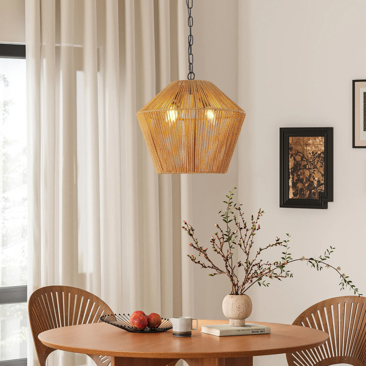 17" Handwoven Hemp Rope Pendant Light - Boho Farmhouse