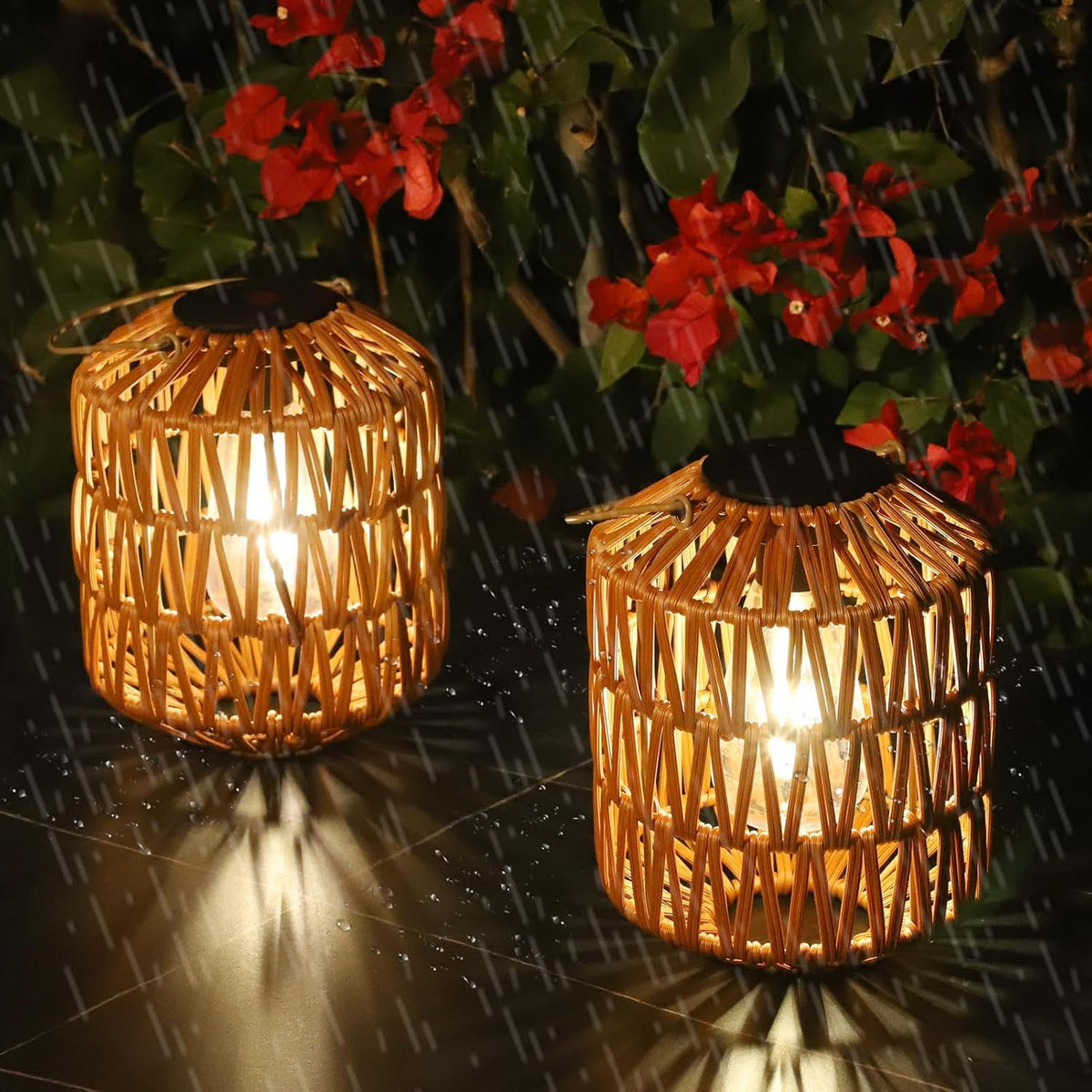 Solar Rattan Lanterns Outdoor - Waterproof LED 2-Pack