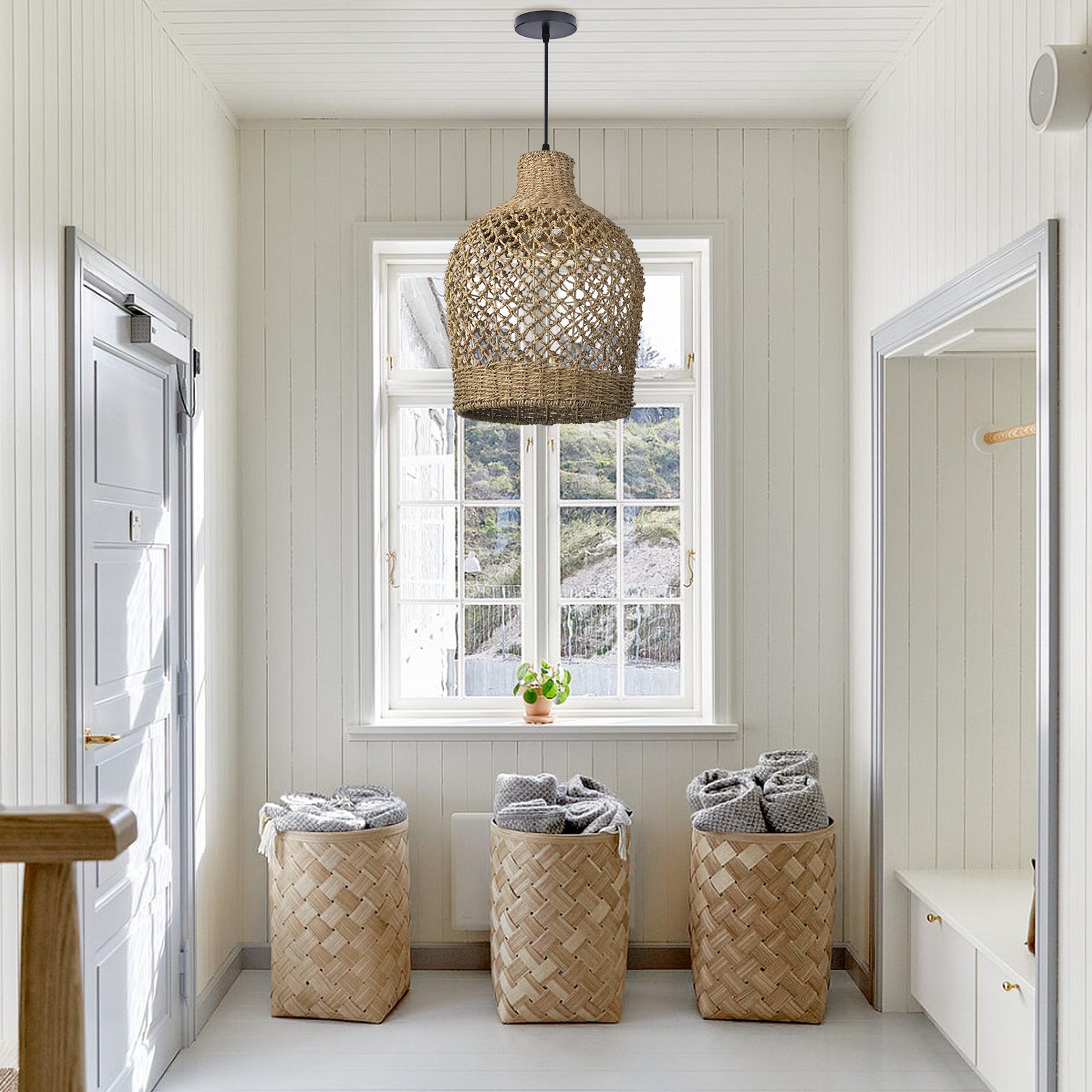 Bohemian style Straw rope hollow pendant light