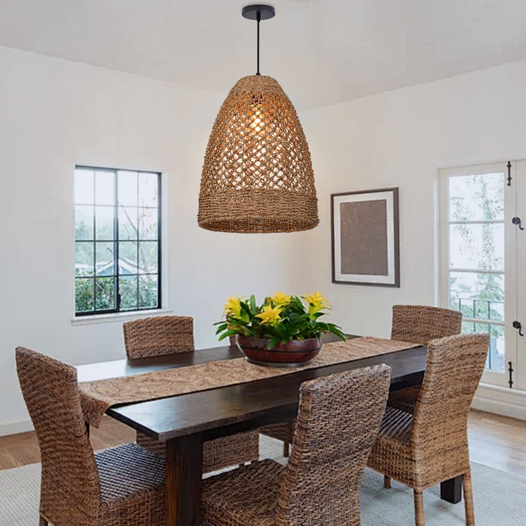 Farmhouse Coastal Boho Hanging Lamp with Handwoven Rattan Woven Pendant Light