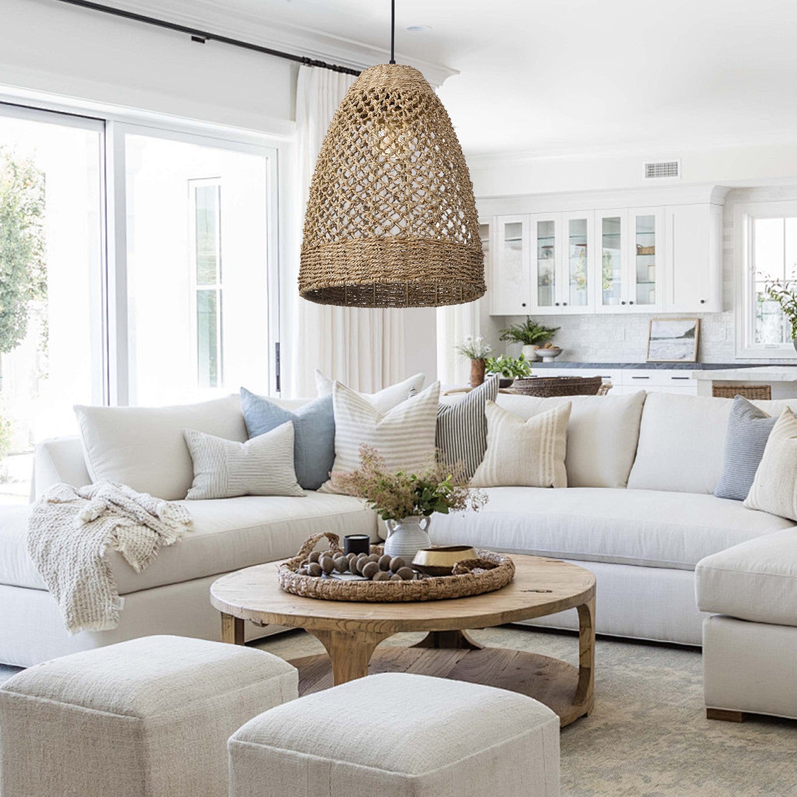 Farmhouse Coastal Boho Hanging Lamp with Handwoven Rattan Woven Pendant Light