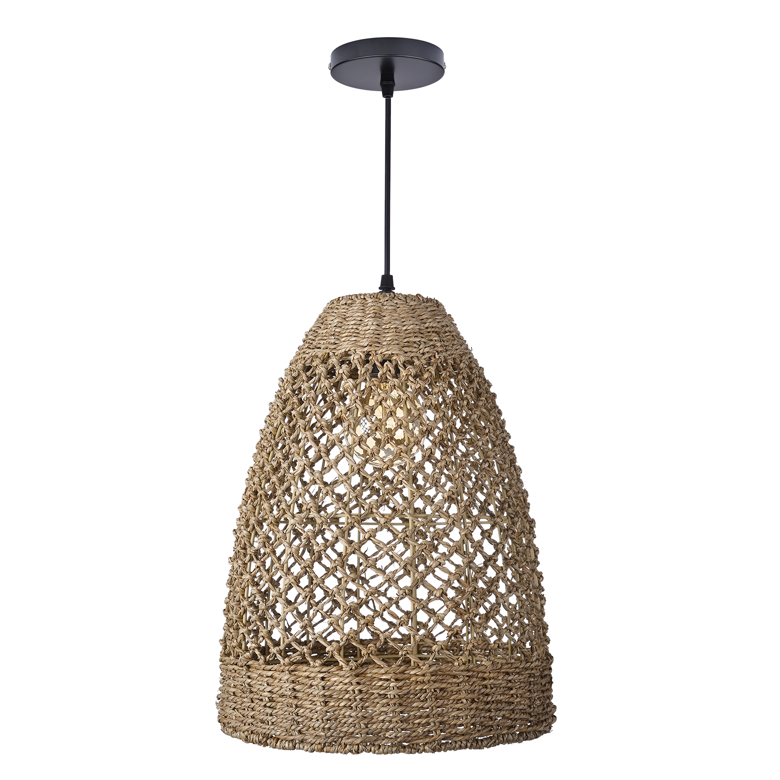 Farmhouse Coastal Boho Hanging Lamp with Handwoven Rattan Woven Pendant Light