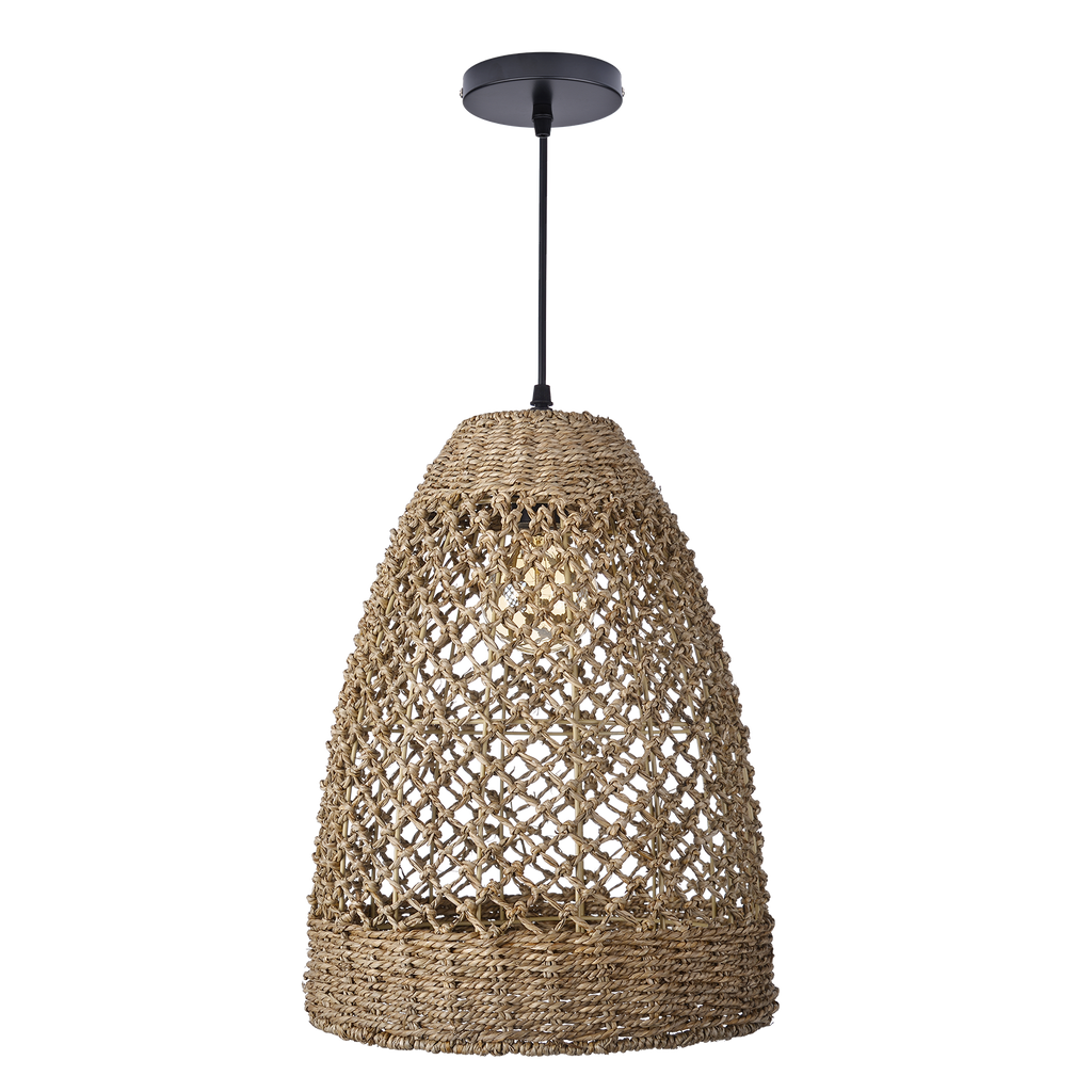 Farmhouse Coastal Boho Hanging Lamp with Handwoven Rattan Woven Pendant Light