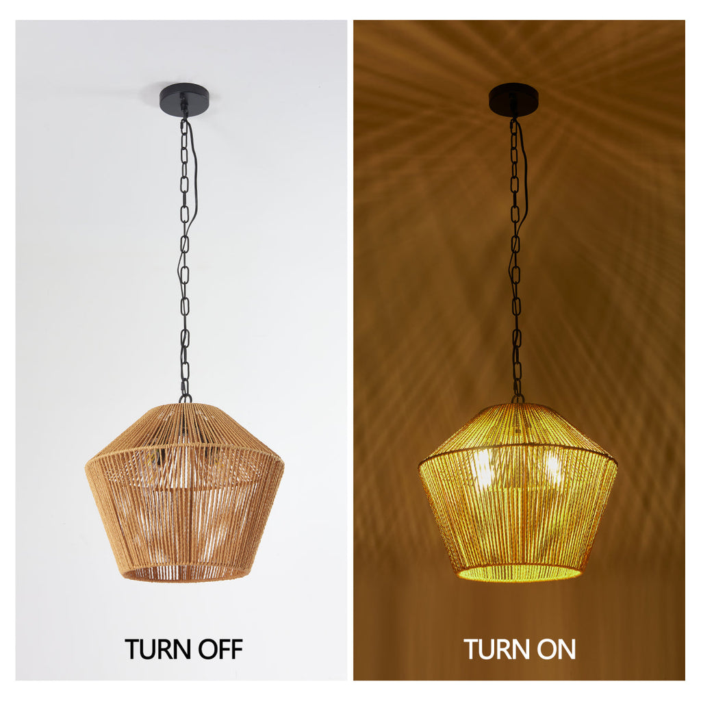 17" Handwoven Hemp Rope Pendant Light - Boho Farmhouse